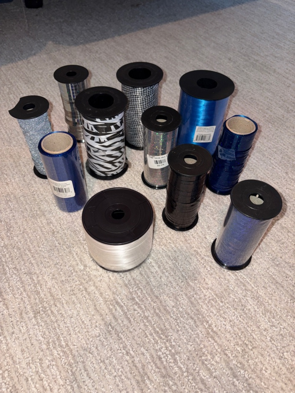 Lot of 11 Assorted Curling Ribbon - Blue, Black, Silver, White